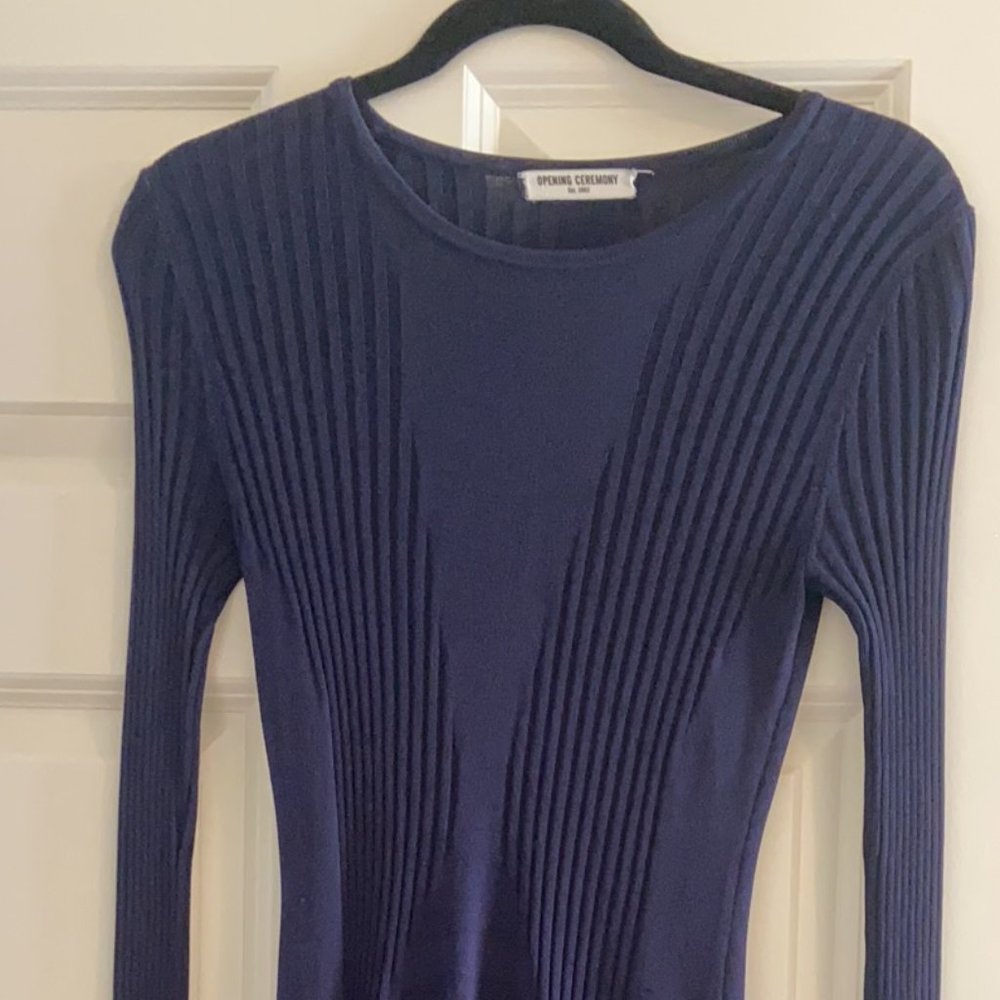 OPENING CEREMONY COLLEGIATE RIBBED KNIT ASYMMETRICAL HEM MARINE NAVY DRESS sz S